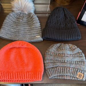 SET OF 4 Beanies. One is SABBOT gray with silver and POM on the tops lined with